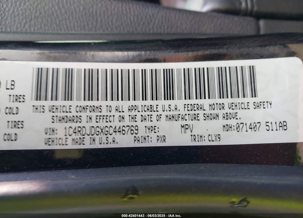 2016 DODGE DURANGO LIMITED VIN: 1C4RDJDGXGC446769