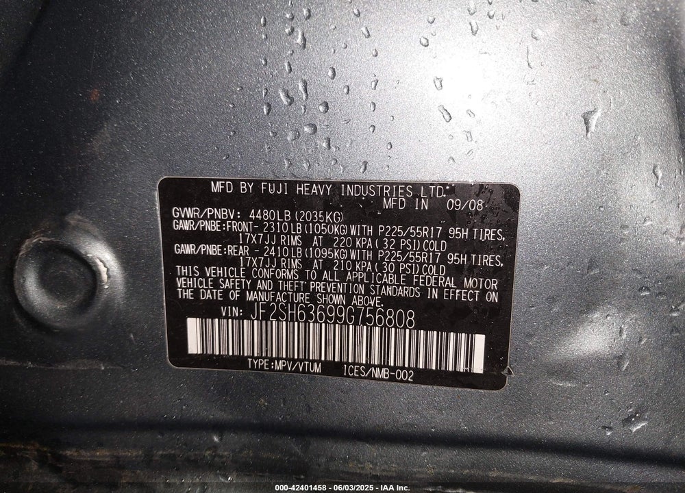 2009 SUBARU FORESTER 2.5X VIN: JF2SH63699G756808