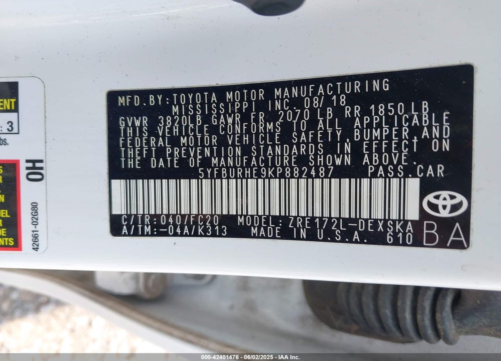 2019 TOYOTA COROLLA SE VIN: 5YFBURHE9KP882487