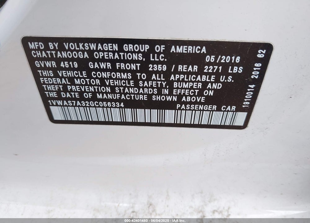 2016 VOLKSWAGEN PASSAT 1.8T R-LINE VIN: 1VWAS7A32GC056334
