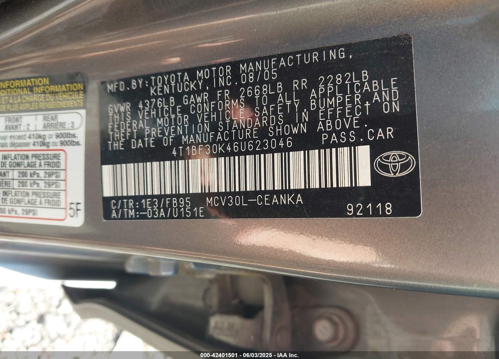 2006 TOYOTA CAMRY LE V6/XLE V6 VIN: 4T1BF30K46U623046