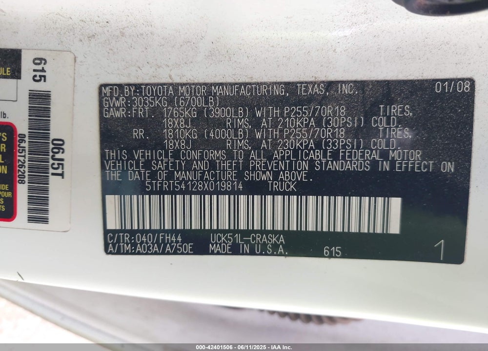 2008 TOYOTA TUNDRA BASE 4.7L V8 VIN: 5TFRT54128X019814