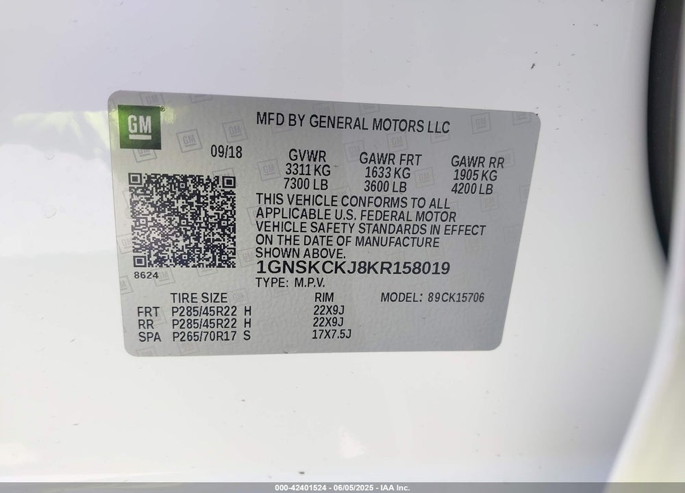 2019 CHEVROLET TAHOE PREMIER VIN: 1GNSKCKJ8KR158019