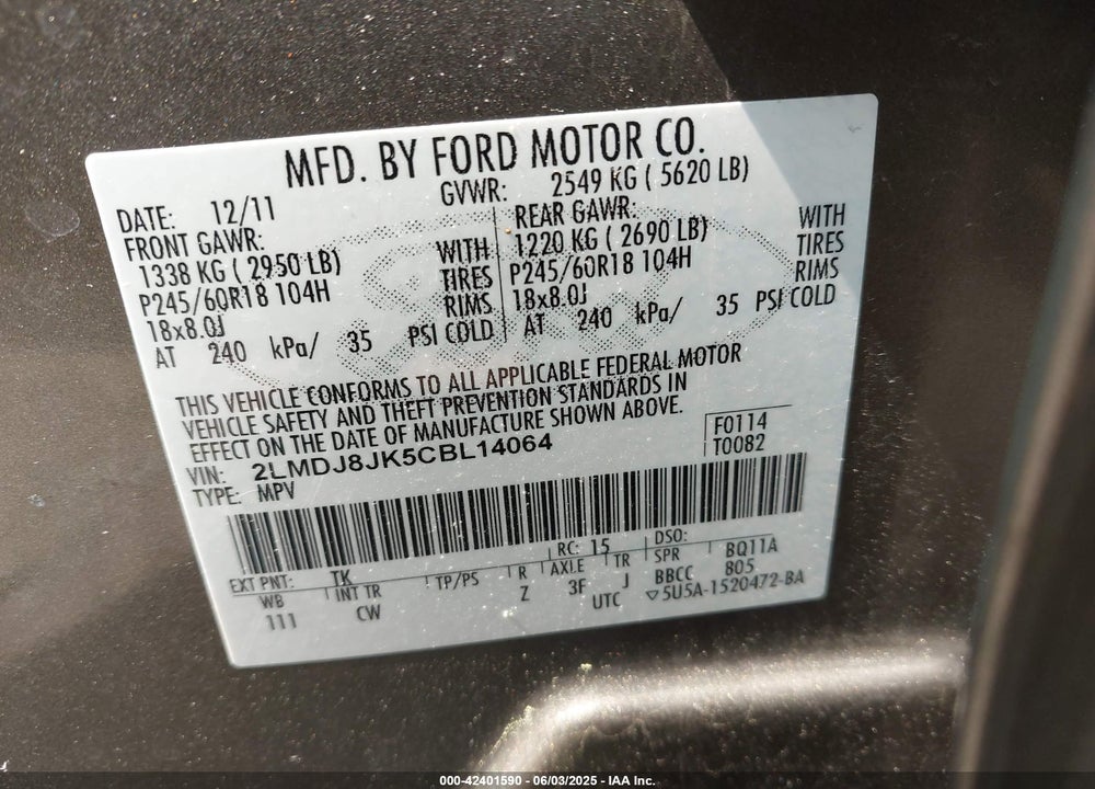 2012 LINCOLN MKX VIN: 2LMDJ8JK5CBL14064
