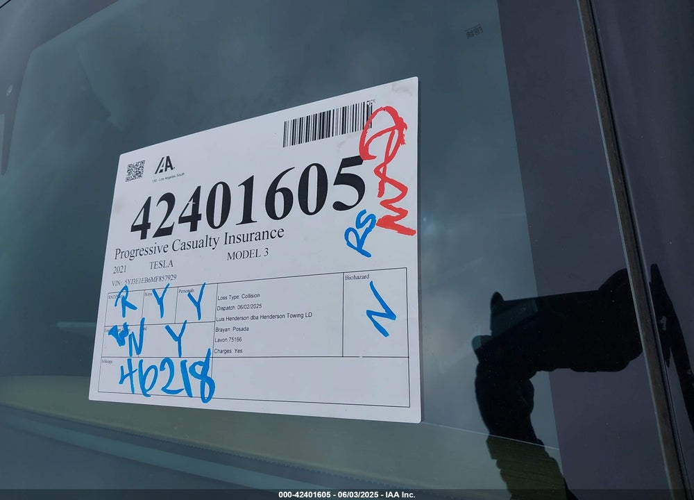 2021 TESLA MODEL 3 VIN: 5YJ3E1EB6MF857929