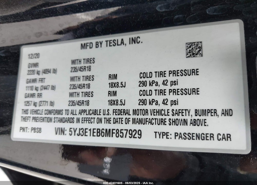 2021 TESLA MODEL 3 VIN: 5YJ3E1EB6MF857929