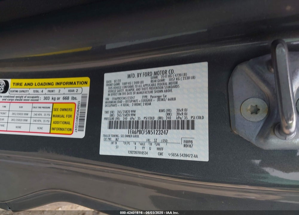 2022 FORD MUSTANG VIN: 1FA6P8CF5N5123247