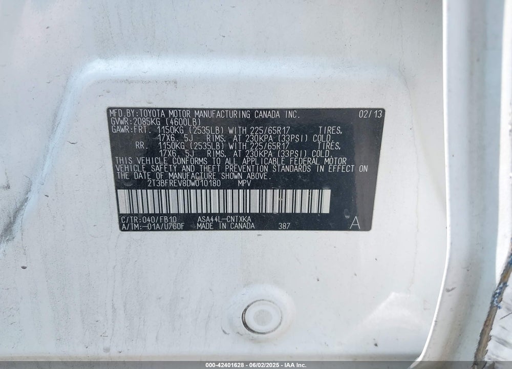 2013 TOYOTA RAV4 VIN: 2T3BFREV8DW010180