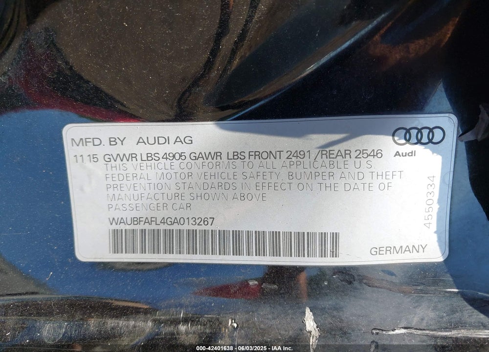 2016 AUDI A4 VIN: WAUBFAFL4GA013267
