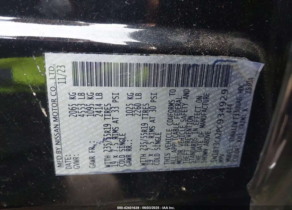 2023 NISSAN ROGUE SL FWD VIN: 5N1BT3CA2PC934929
