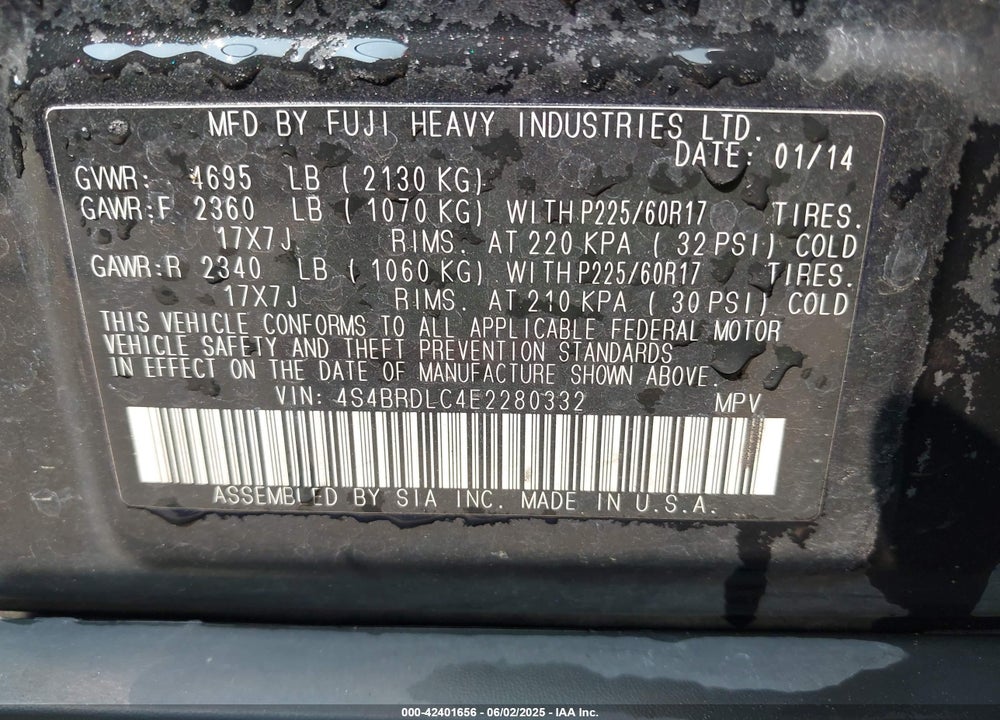 2014 SUBARU OUTBACK VIN: 4S4BRDLC4E2280332