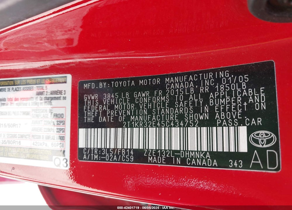 2005 TOYOTA MATRIX/XR VIN: 2T1KR32E45C434752