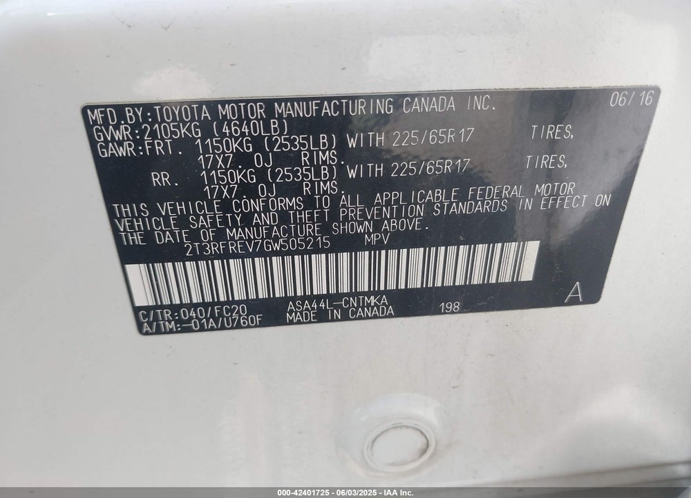 2016 TOYOTA RAV4 VIN: 2T3RFREV7GW505215