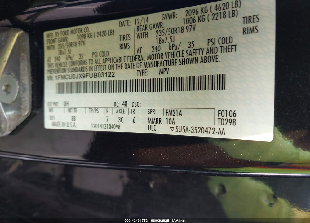 2015 FORD ESCAPE VIN: 1FMCU0JX9FUB03122