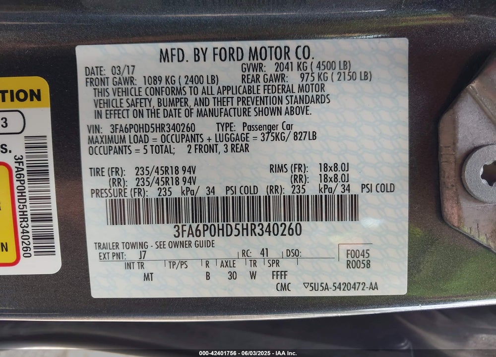 2017 FORD FUSION VIN: 3FA6P0HD5HR340260