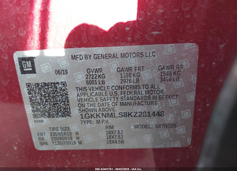 2019 GMC ACADIA VIN: 1GKKNMLS8KZ281448