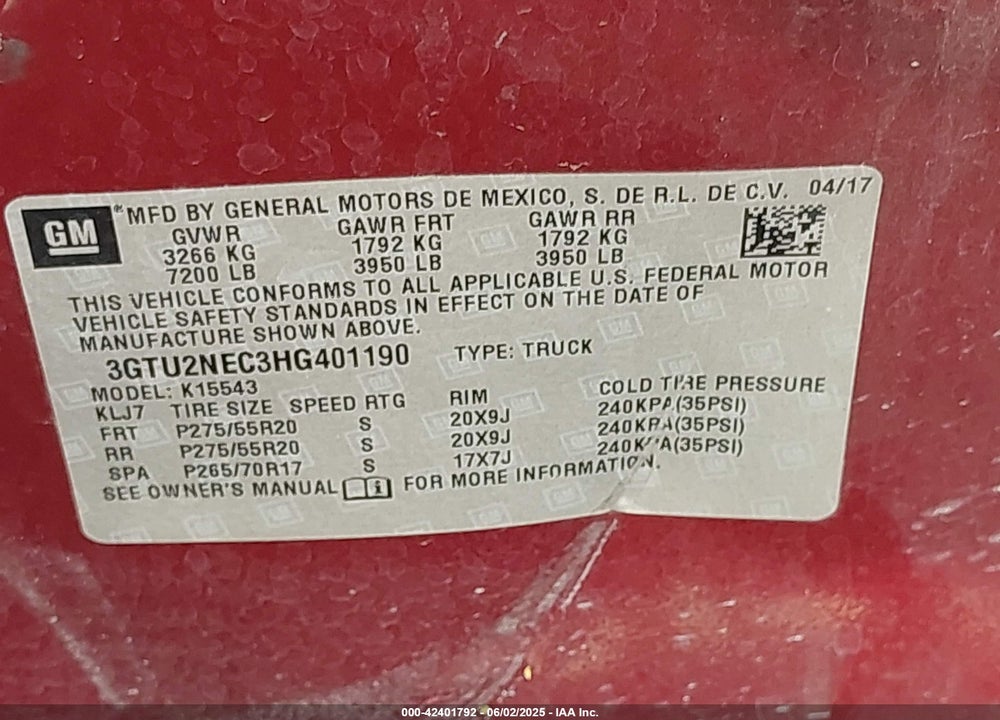 2017 GMC SIERRA 1500 VIN: 3GTU2NEC3HG401190