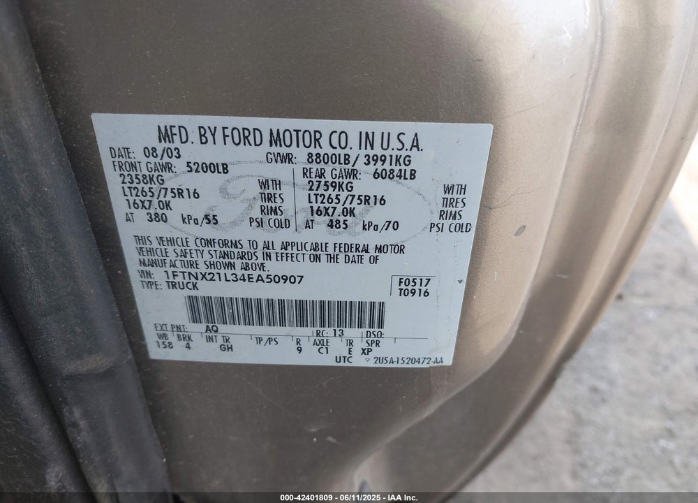 2004 FORD F-250 LARIAT/XL/XLT VIN: 1FTNX21L34EA50907