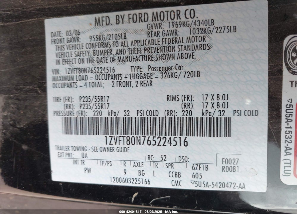 2006 FORD MUSTANG V6 VIN: 1ZVFT80N765224516