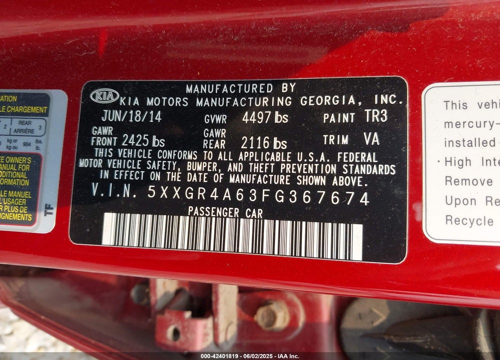 2015 KIA OPTIMA VIN: 5XXGR4A63FG367674