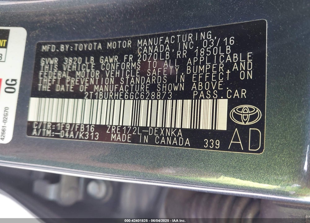 2016 TOYOTA COROLLA LE VIN: 2T1BURHE6GC628873