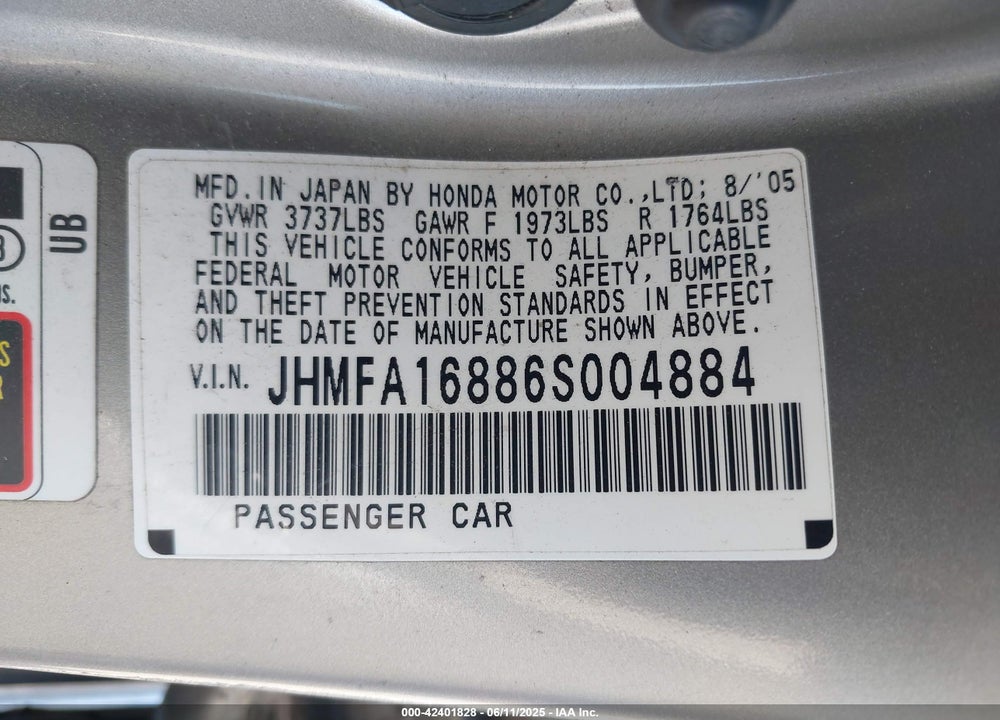 2006 HONDA CIVIC EX VIN: JHMFA16886S004884