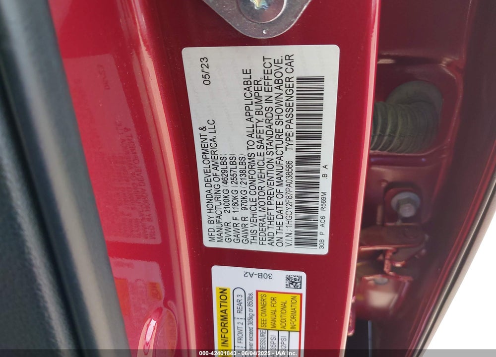 2023 HONDA ACCORD HYBRID TOURING VIN: 1HGCY2F87PA038586
