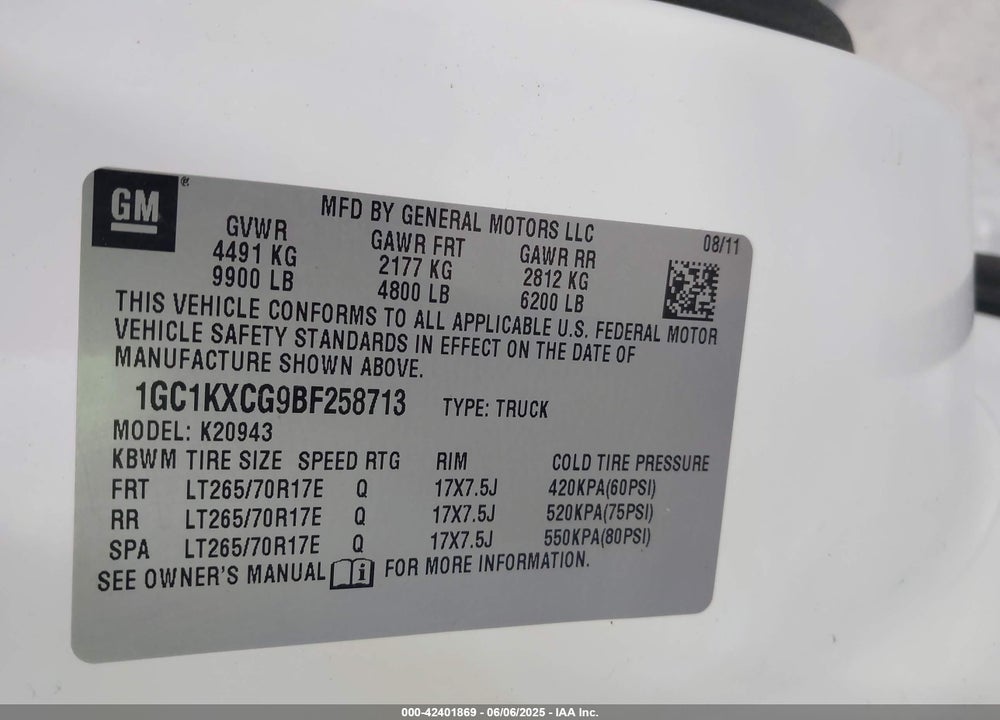 2011 CHEVROLET SILVERADO VIN: 1GC1KXCG9BF258713