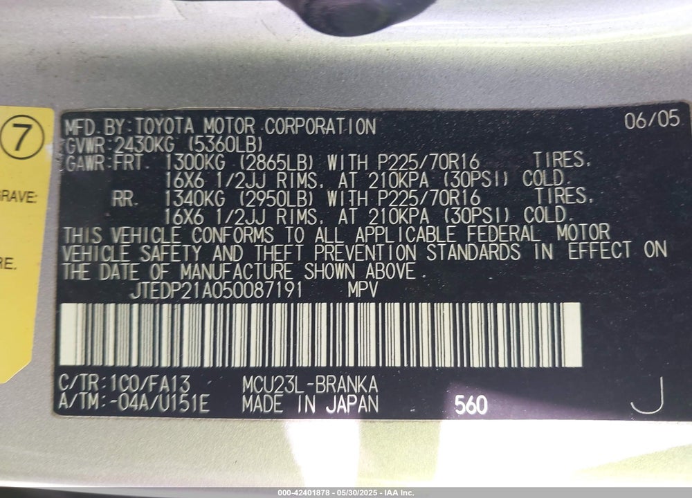 2005 TOYOTA HIGHLANDER V6 VIN: JTEDP21A050087191
