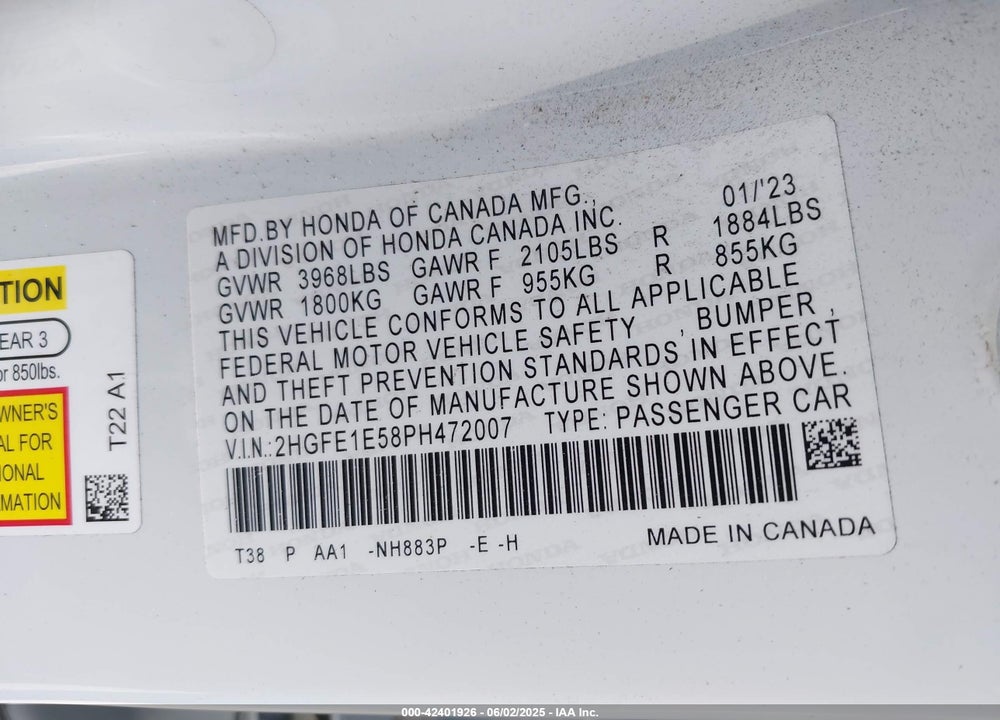 2023 HONDA CIVIC SI VIN: 2HGFE1E58PH472007