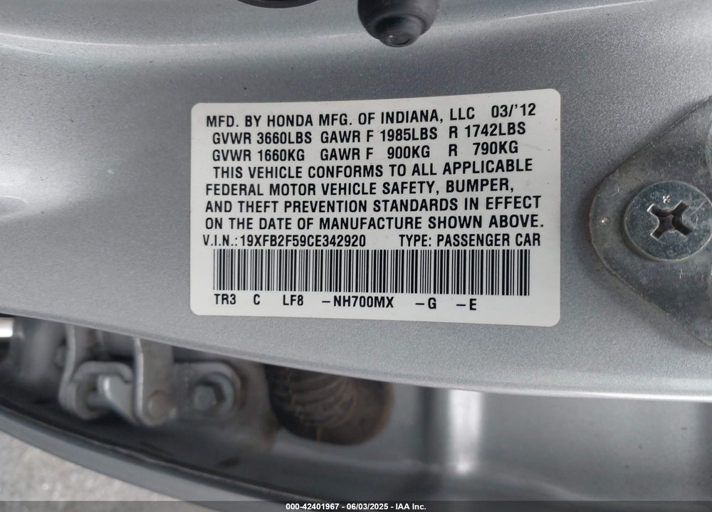 2012 HONDA CIVIC LX VIN: 19XFB2F59CE342920