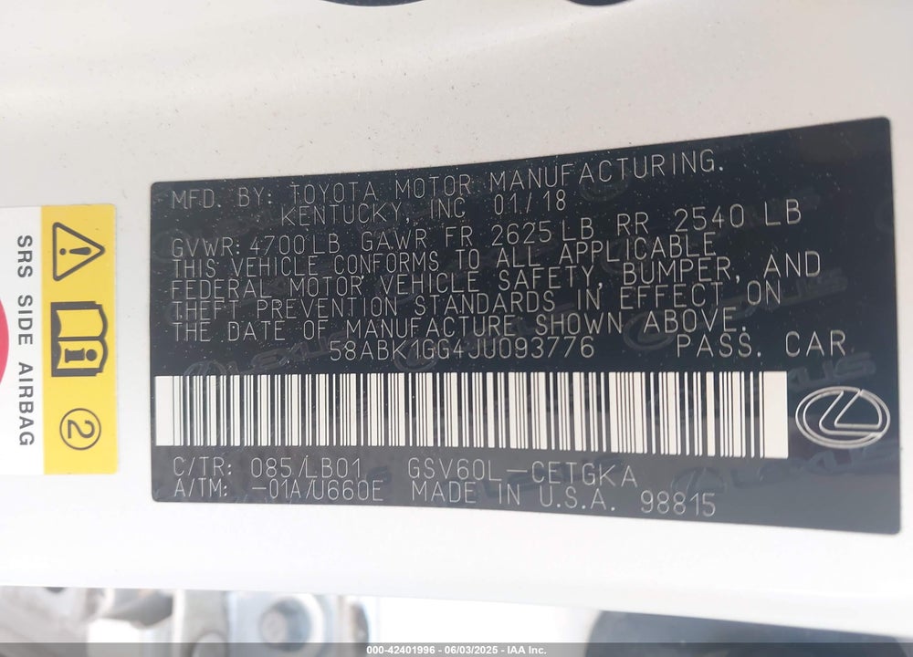 2018 LEXUS ES VIN: 58ABK1GG4JU093776