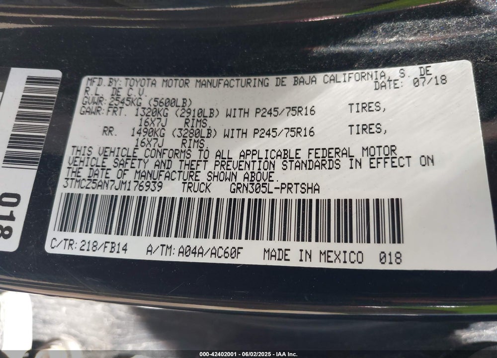 2018 TOYOTA TACOMA DBL CAB/SR/TRDSPT/OR/PRO VIN: 3TMCZ5AN7JM176939