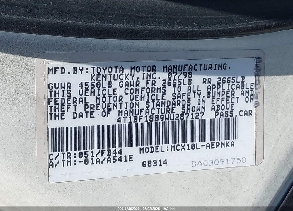 1998 TOYOTA AVALON XL VIN: 4T1BF18B9WU287127