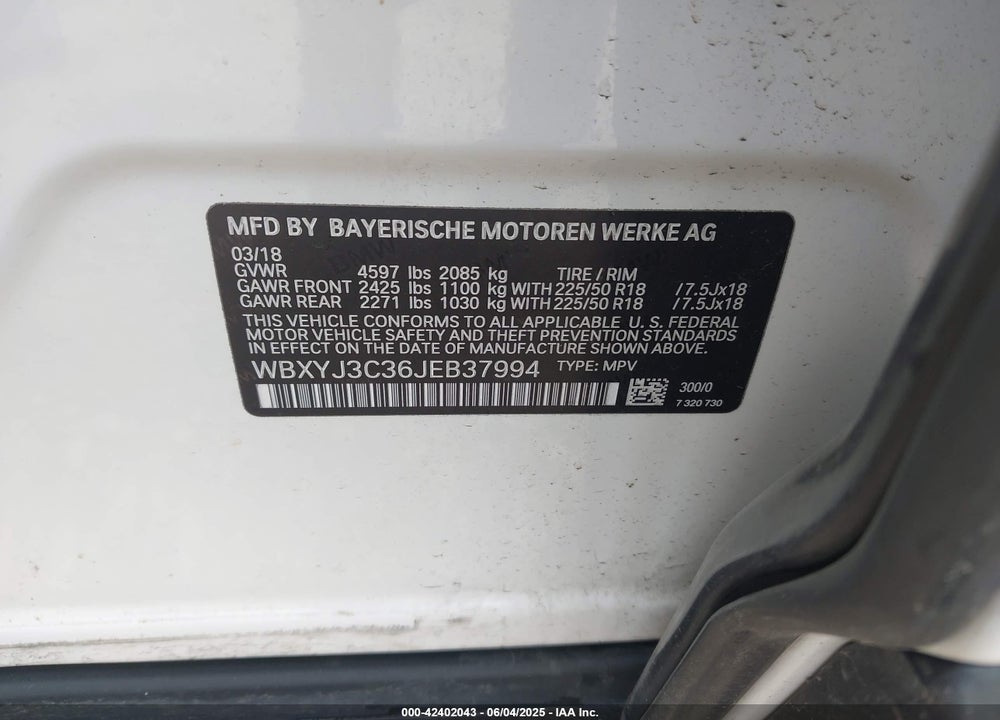 2018 BMW X2 VIN: WBXYJ3C36JEB37994