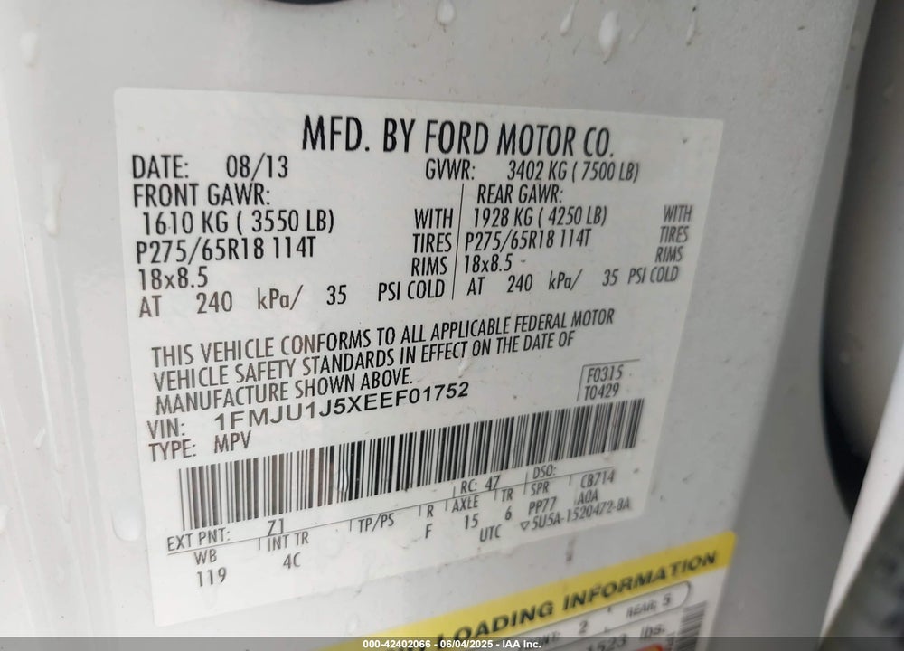 2014 FORD EXPEDITION XLT VIN: 1FMJU1J5XEEF01752