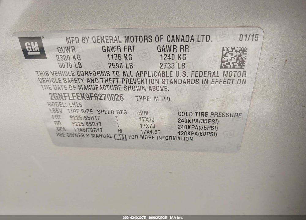 2015 CHEVROLET EQUINOX 1LT VIN: 2GNFLFEK9F6270026