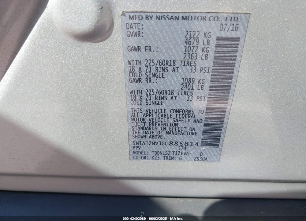 2016 NISSAN ROGUE VIN: 5N1AT2MV3GC885814