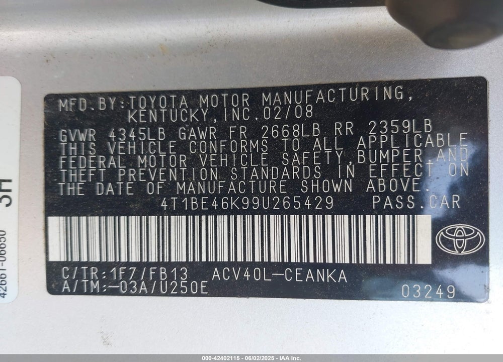 2009 TOYOTA CAMRY VIN: 4T1BE46K99U265429
