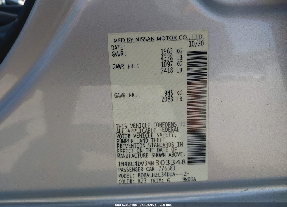 2021 NISSAN ALTIMA VIN: 1N4BL4DV3MN303348