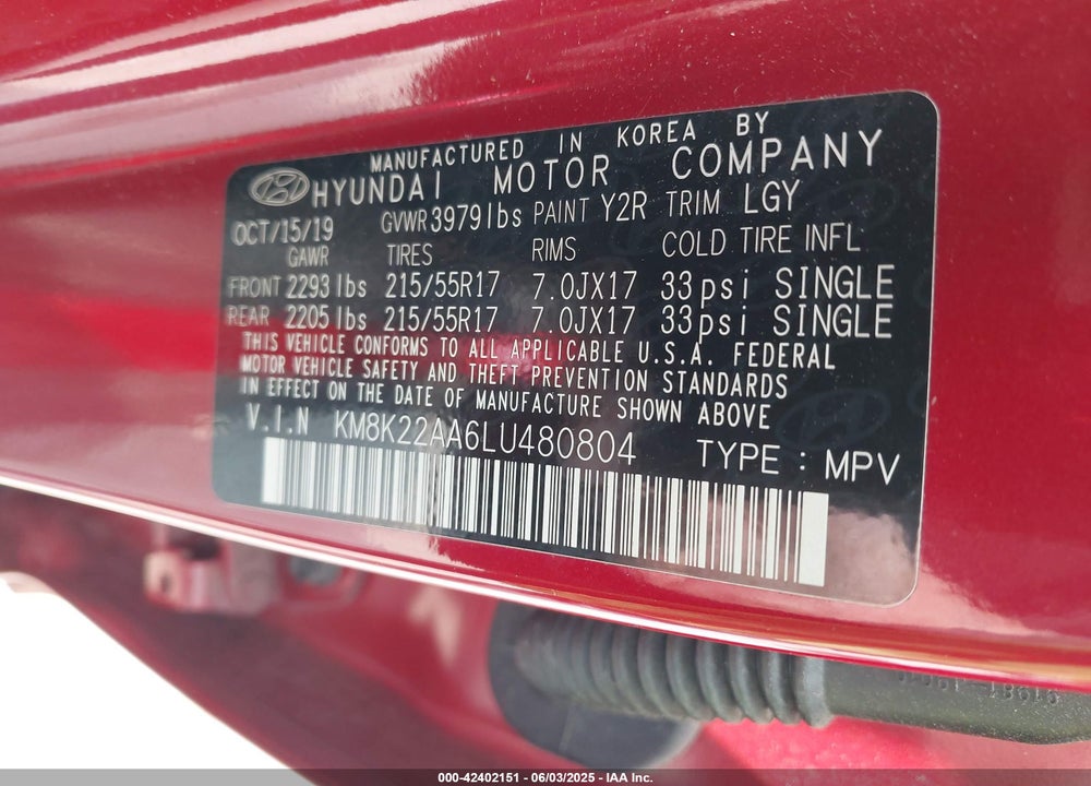 2020 HYUNDAI KONA VIN: KM8K22AA6LU480804