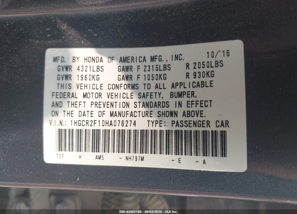 2017 HONDA ACCORD SPORT SE VIN: 1HGCR2F10HA076274