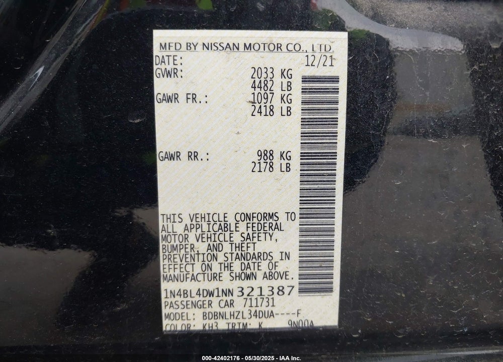 2022 NISSAN ALTIMA VIN: 1N4BL4DW1NN321387