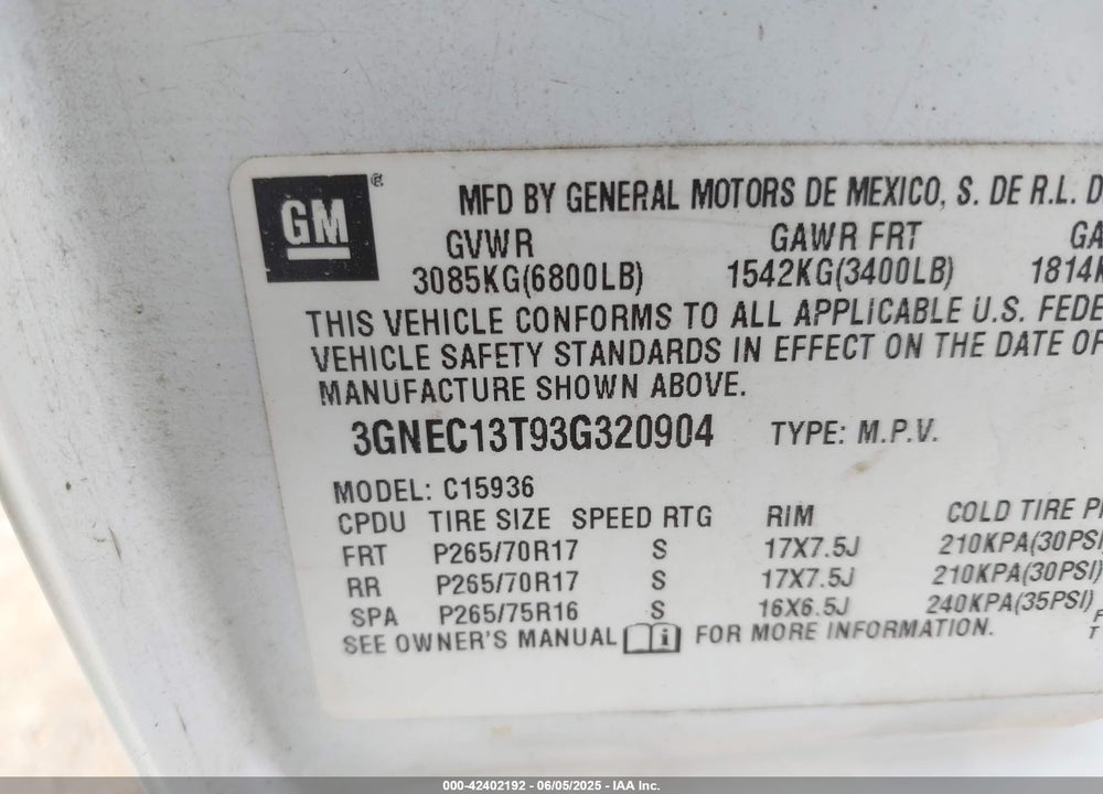 2003 CHEVROLET AVALANCHE 1500 VIN: 3GNEC13T93G320904