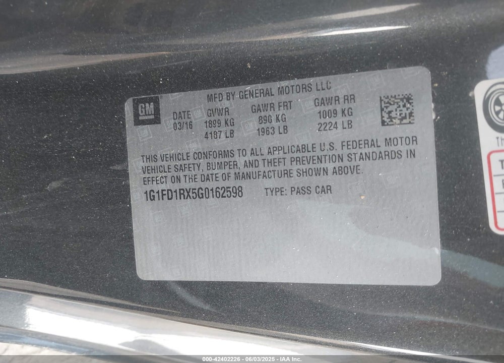 2016 CHEVROLET CAMARO 2LT VIN: 1G1FD1RX5G0162598