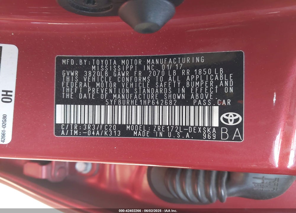 2017 TOYOTA COROLLA VIN: 5YFBURHE1HP642682