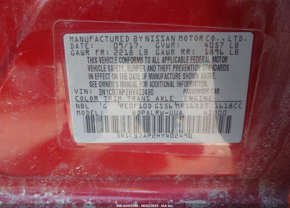 2017 NISSAN SENTRA VIN: 3N1CB7AP2HY402490