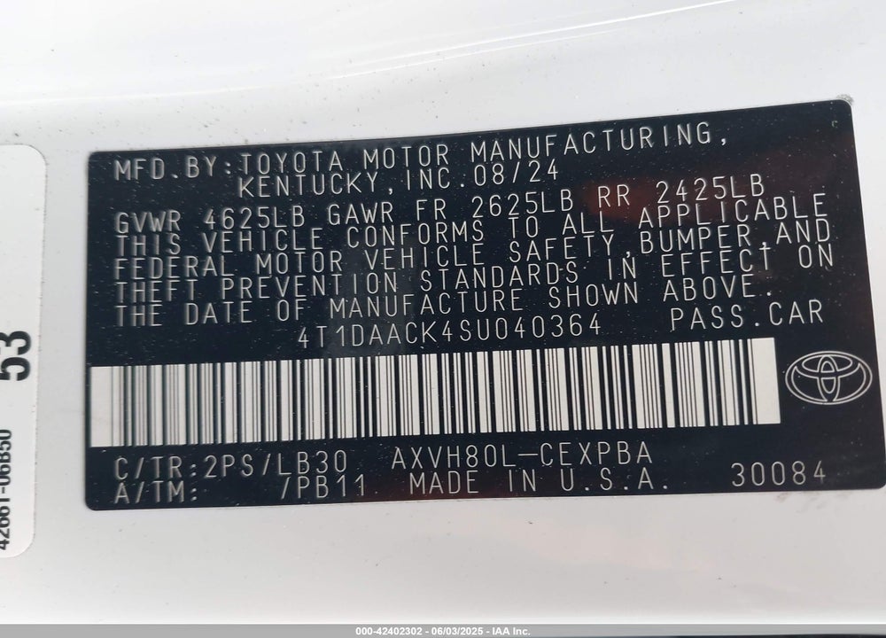 2025 TOYOTA CAMRY VIN: 4T1DAACK4SU040364