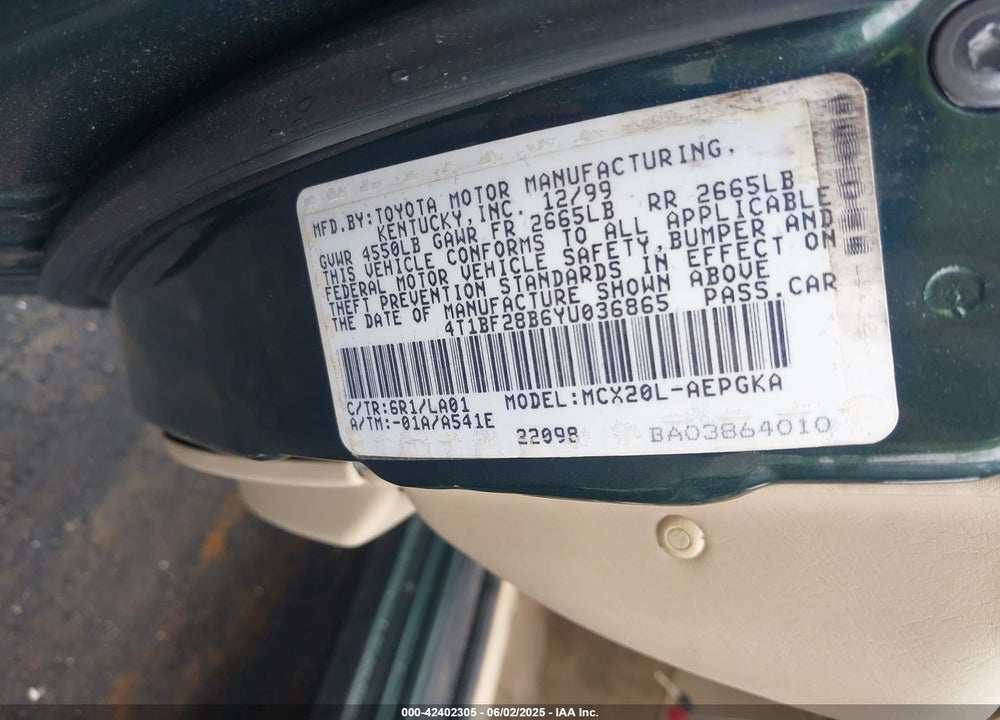 2000 TOYOTA AVALON XLS VIN: 4T1BF28B6YU036865