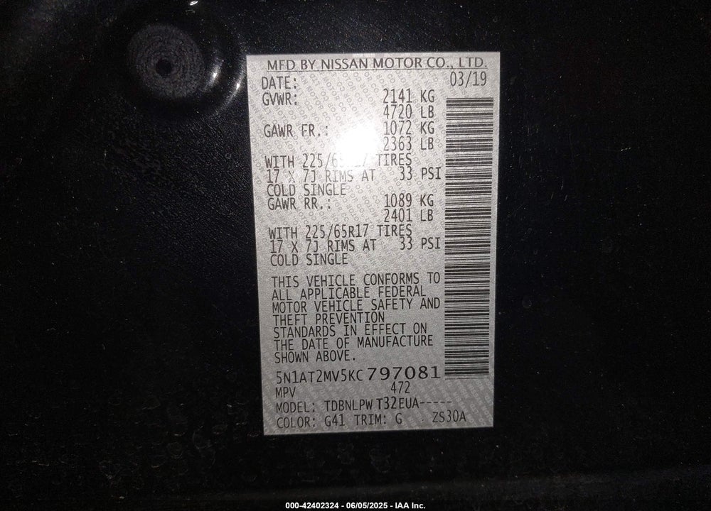 2019 NISSAN ROGUE VIN: 5N1AT2MV5KC797081